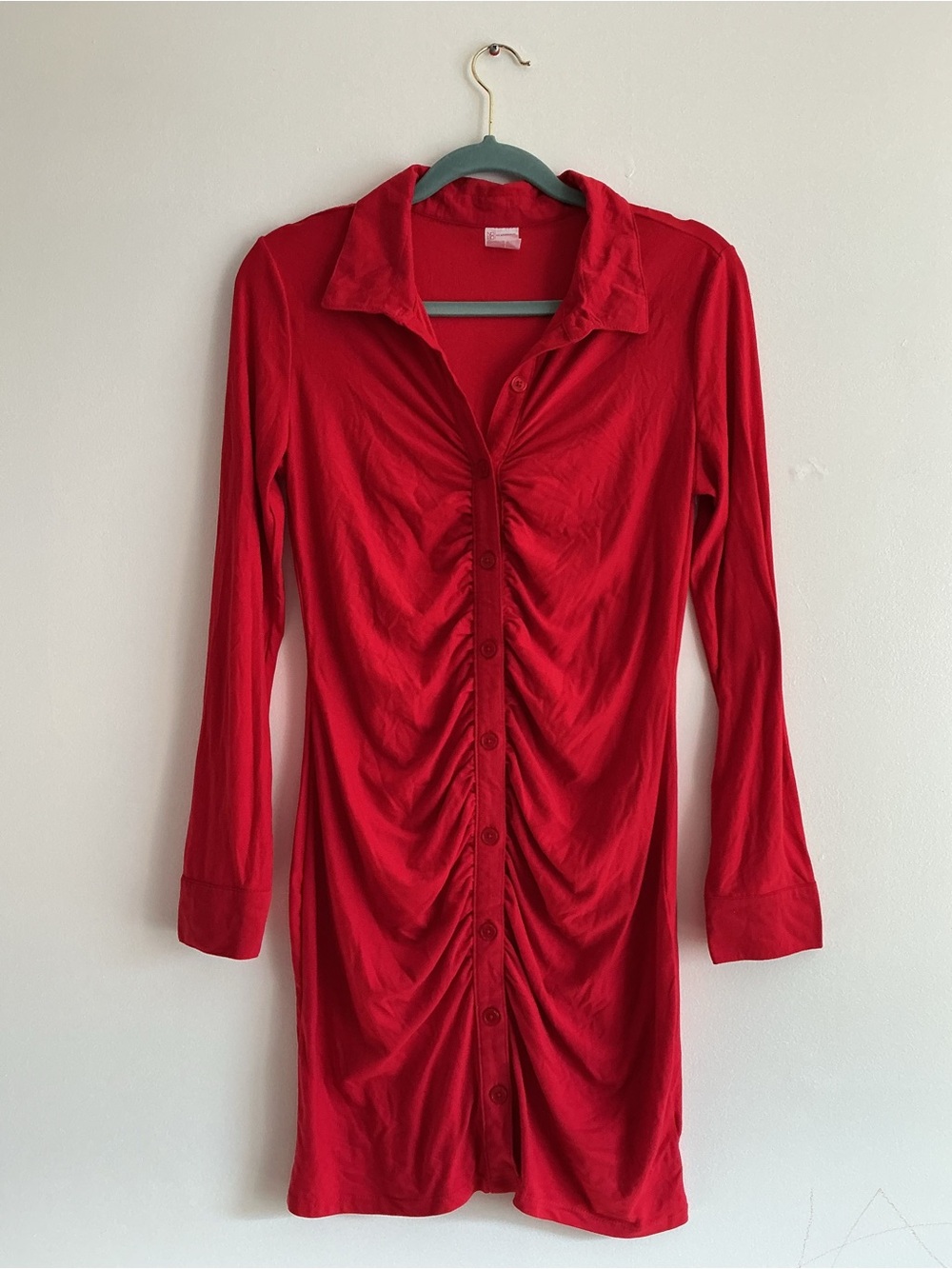 No Boundaries Red Ruched Button-Front Shirt Dress